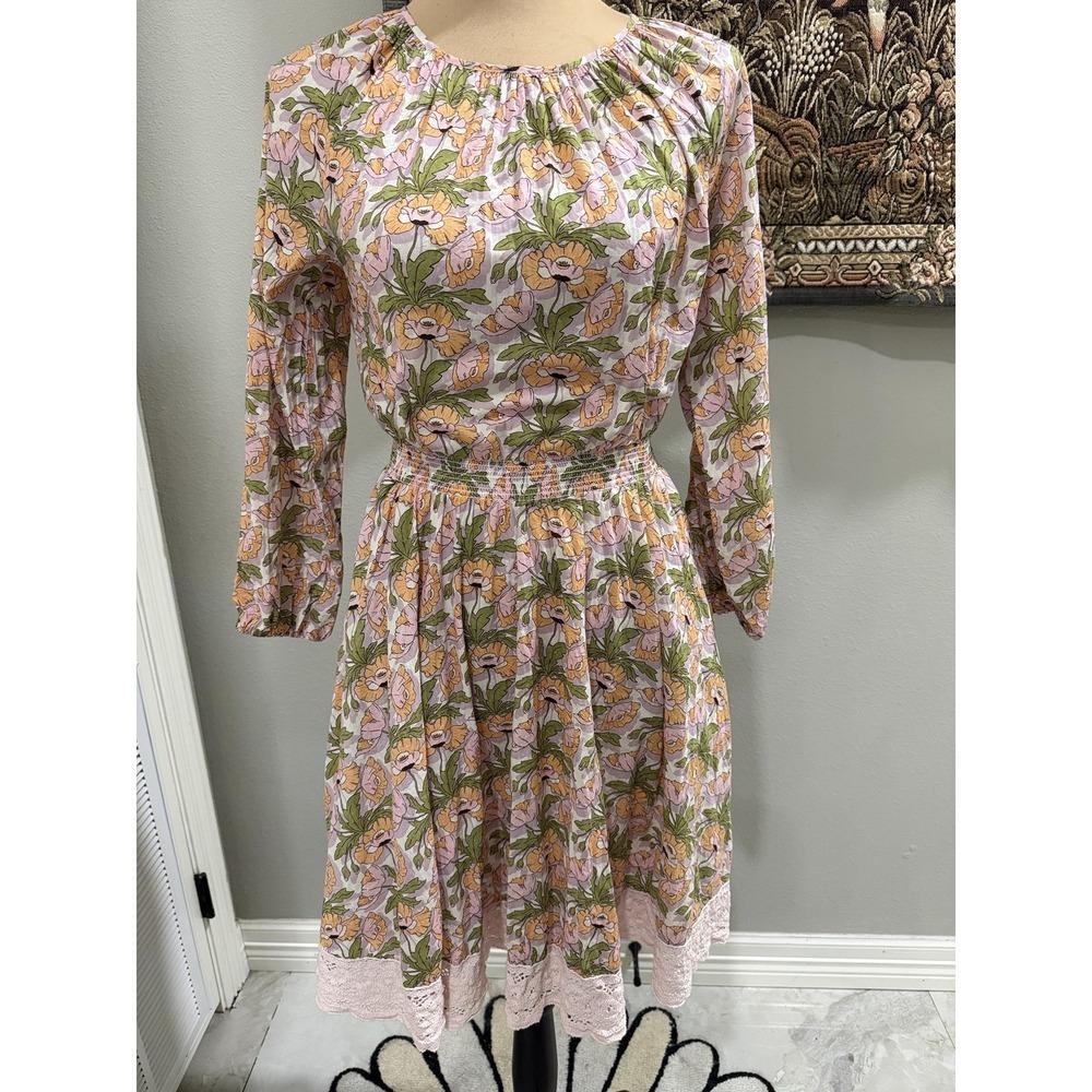 J.Crew Dress‎ Womens XXS Pink Floral Long Sleeve Smocked Fit Flare Knee Length
